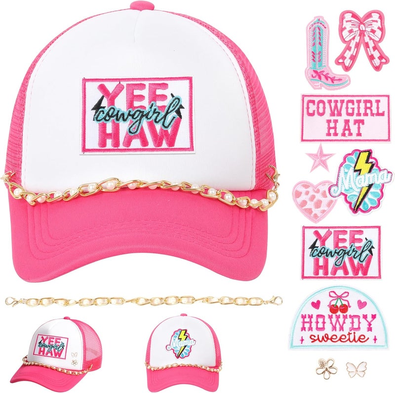 Meneng Women Trucker Hat Bulk: Western Adjustable Snapback Caps - Cowgirl DIY Hat Kit with Chains & Embroidered Patches - Image 1